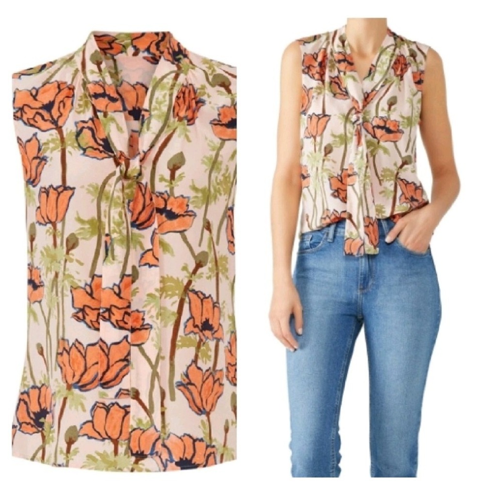 Tory Burch Silk Floral Tie Neck Blouse Size 0 Sleeveless Poppy Print